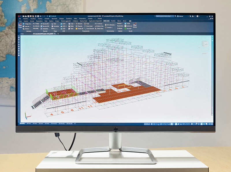 Disegno PON CAD di un palco con ponteggio tipo Layher